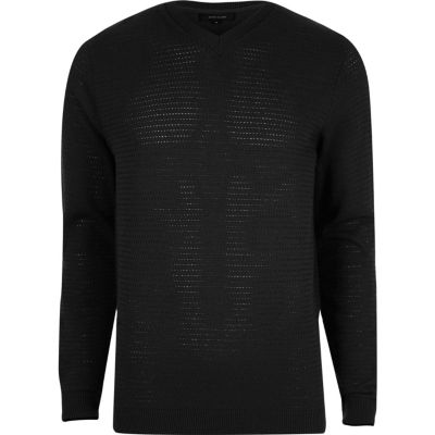 Black textured knit V neck slim fit jumper